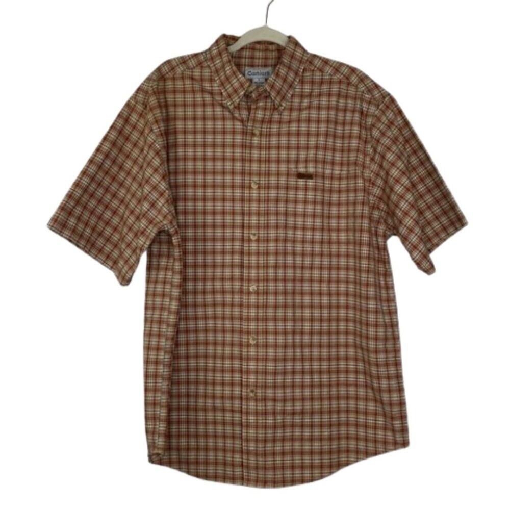 Carhartt brown red mini plaid short sleeve button down shirt men's size Large